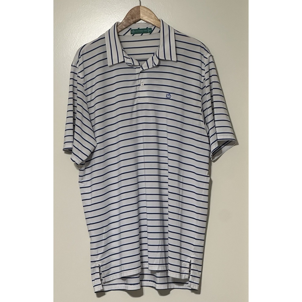 Southern Tide Men's XL Polo Shirt White Blue Striped Performance Short Sleeve